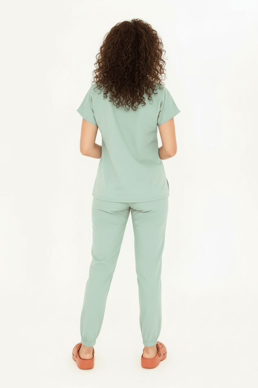 N O V A | Çağla Yeşili LASTİKLİ PAÇA Likralı Hakim Yaka Yarım Çıtçıtlı Hemşire Ve Doktor Forması Scrubs - Class Üniforma hemşire formaları, medikal önlükler