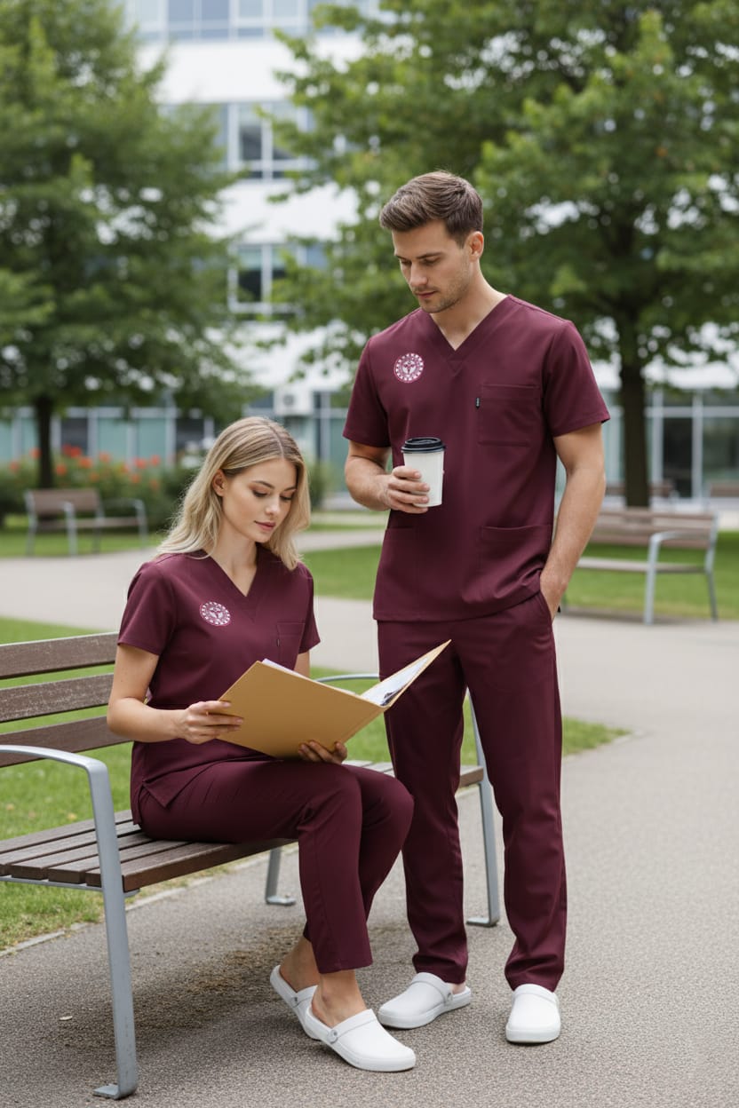 Class Üniforma Bordo Hastane Forması Likralı Scrubs Kadın (Yeni Yönetmeliğe Uygun - Biking Red)