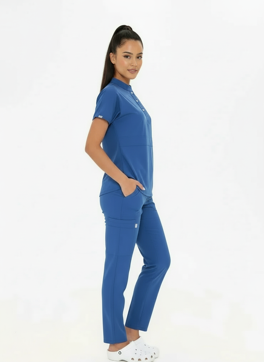 N O V A | Fırtına Mavi Düz Paça Pantolon Kadın Likralı Hakim Yaka Yarım Pat Çıtçıtlı Hemşire Ve Doktor Forması Scrubs