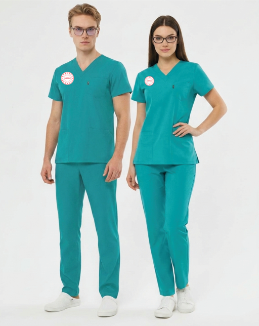 Turkuaz Aile Sağlığı Çalışan Forması Likralı Scrubs Takım (Yeni Yönetmeliğe Uygun - Bermuda)