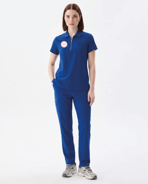 Kadın Polo Yaka Saks Mavisi Likralı Hemşire Doktor Scrubs Takım