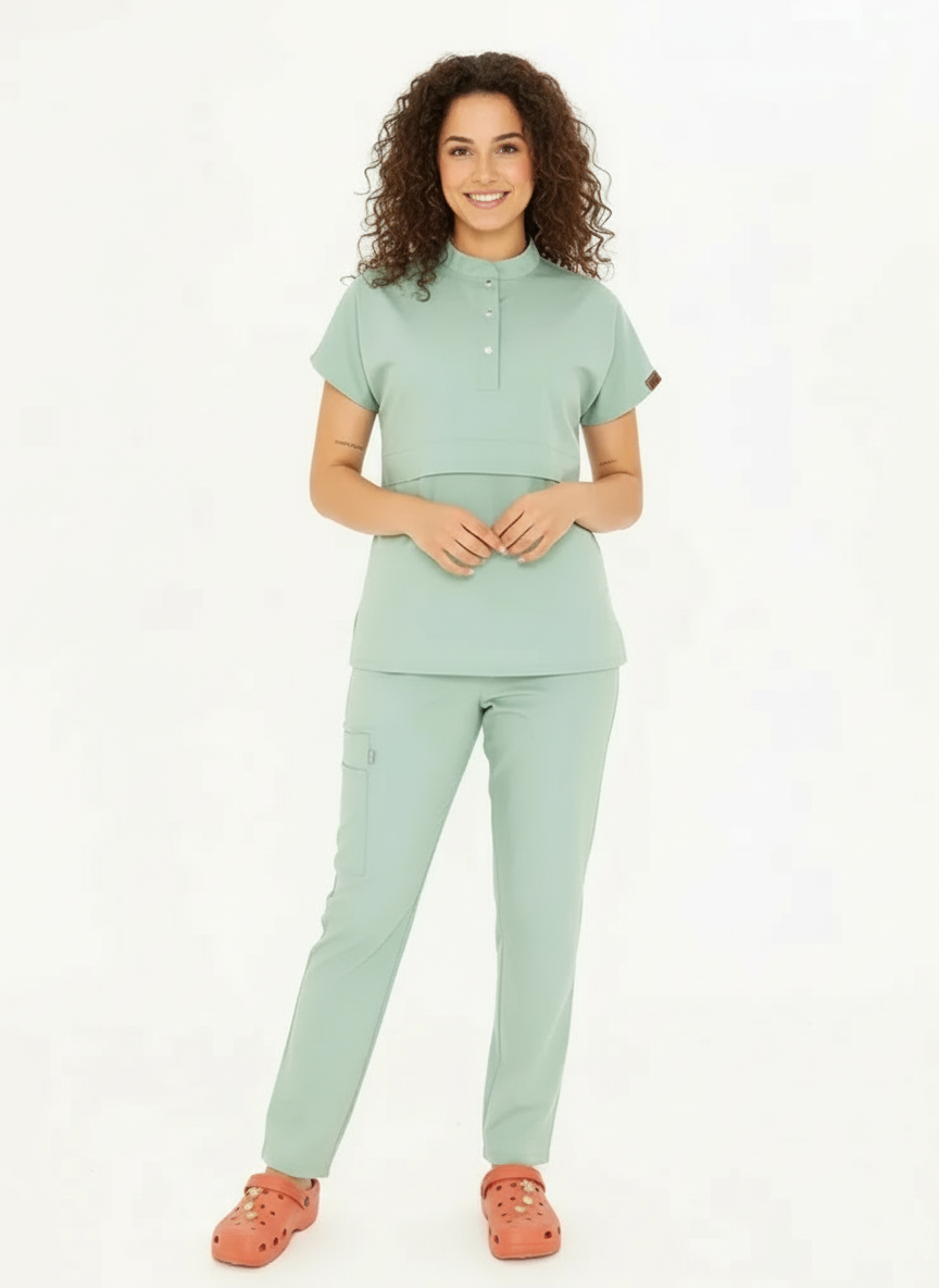 N O V A | Çağla Yeşili Düz Paça Pantolon Likralı Hakim Yaka Yarım Çıtçıtlı Hemşire Ve Doktor Forması Scrubs