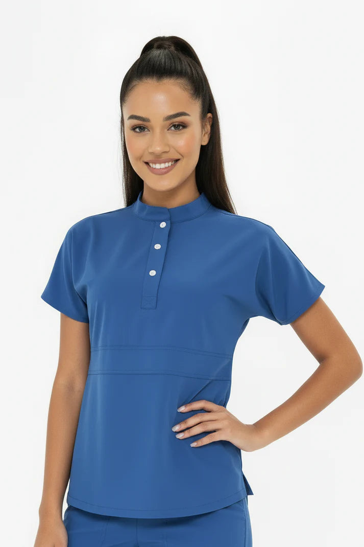 N O V A | Fırtına Mavi Düz Paça Pantolon Kadın Likralı Hakim Yaka Yarım Pat Çıtçıtlı Hemşire Ve Doktor Forması Scrubs