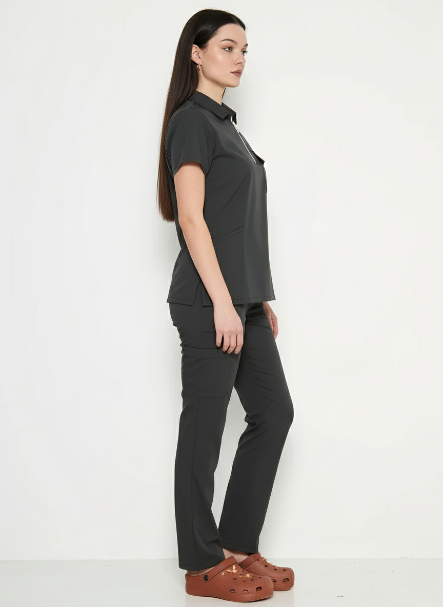 Polo Yaka Antrasit  Kadın Medikal Üniforma Scrubs