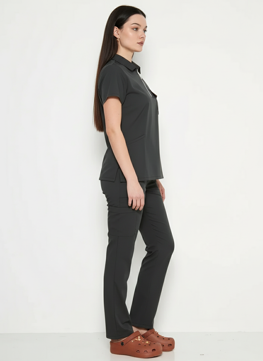Polo Yaka Antrasit  Kadın Medikal Üniforma Scrubs
