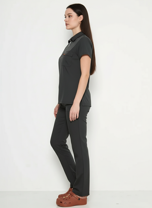 Polo Yaka Antrasit  Kadın Medikal Üniforma Scrubs