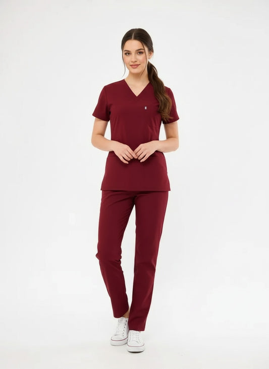 Classic - Bordo Kadın Likralı Üniforma Takımı