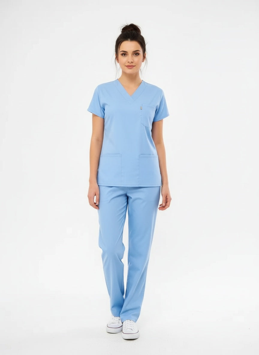 Классический комплект женской униформы из лайкры нежно-голубого цвета