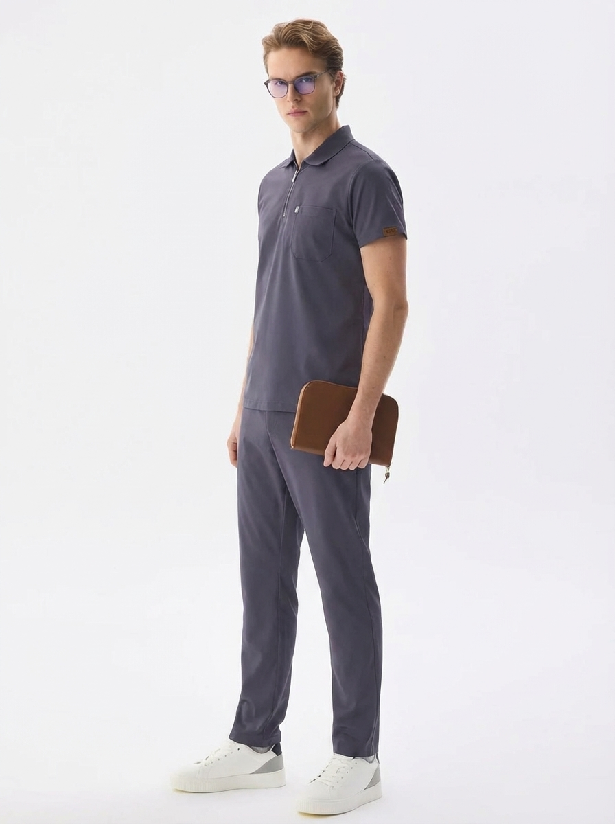 Erkek Polo Yaka Medikal Üniforma Takım Füme Likralı Doktor Hemşire Forması