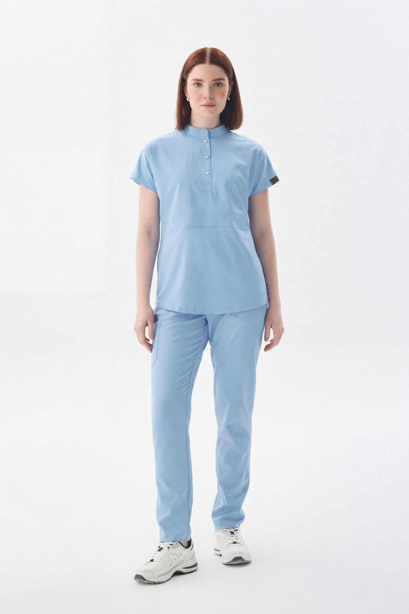 N O V A | Bebe Mavisi Kadın Likralı Hakim Yaka Yarım Pat Çıtçıtlı Hemşire Ve Doktor Forması Scrubs - Class Üniforma hemşire formaları, medikal önlükler