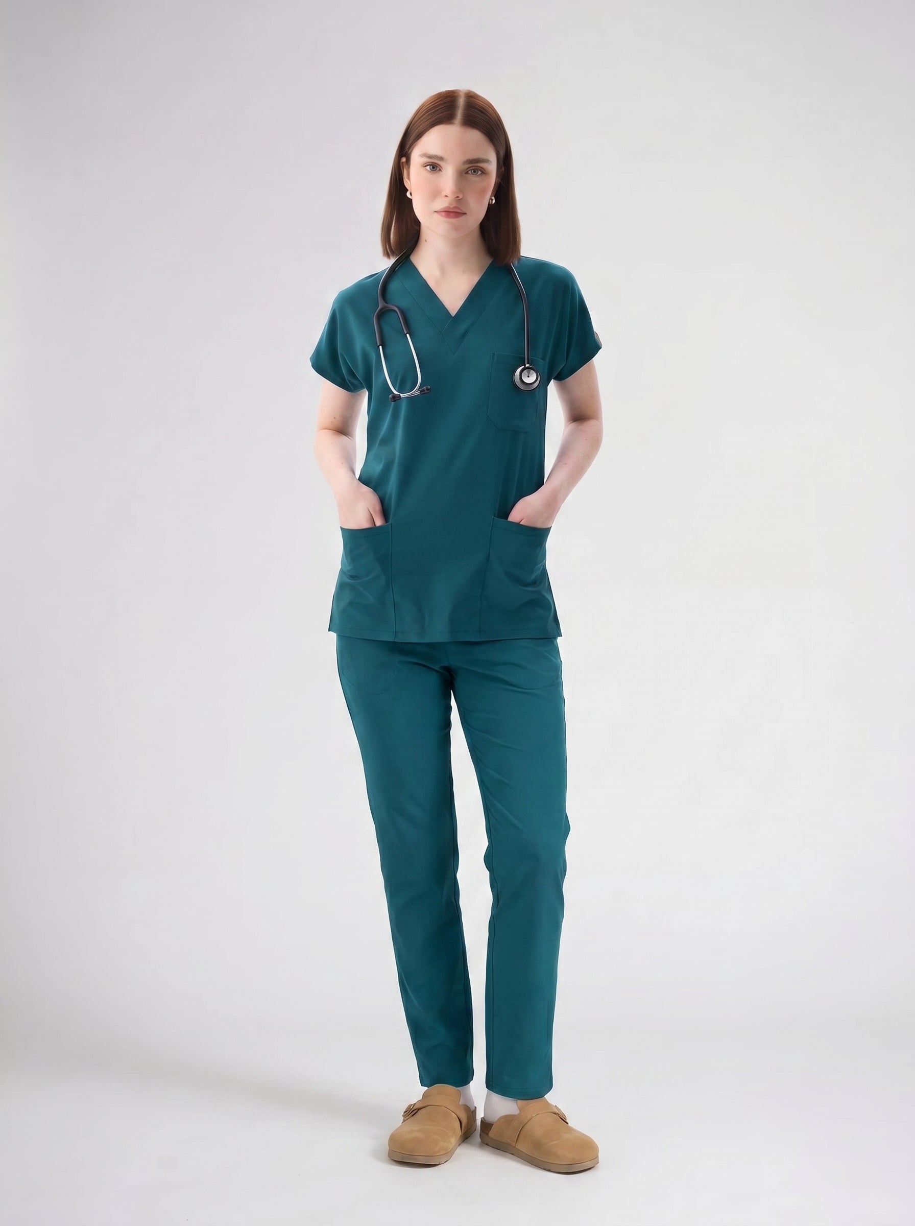 Klassisch - Petrolgrünes Lycra-Uniform-Set für Damen