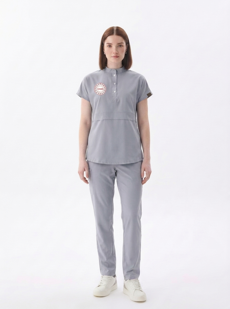 Nova Premium Kadın Yeni Yönetmeliğe Uygun Açık Gri Teknik Hizmetler Forması - Likralı Scrubs Takımı