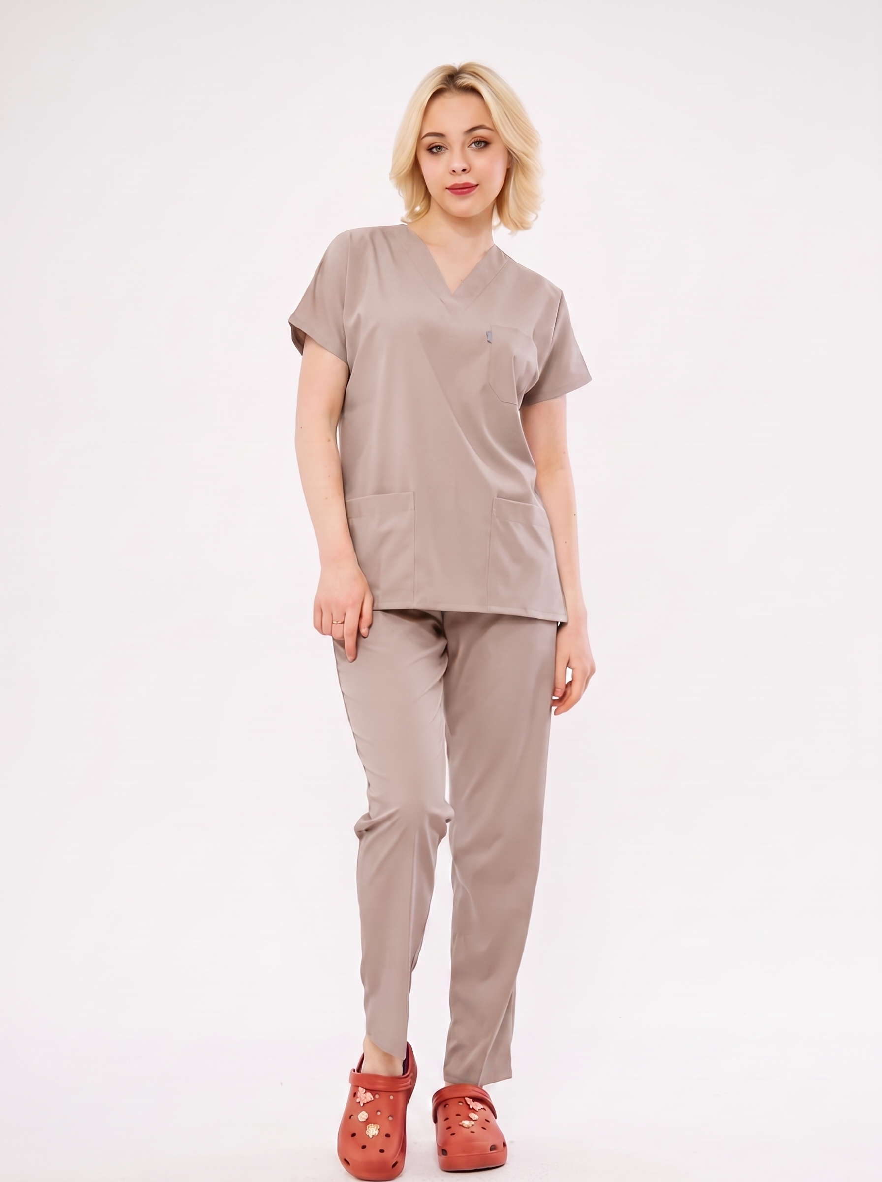 Klassisch - Beiges Lycra-Uniform-Set für Damen