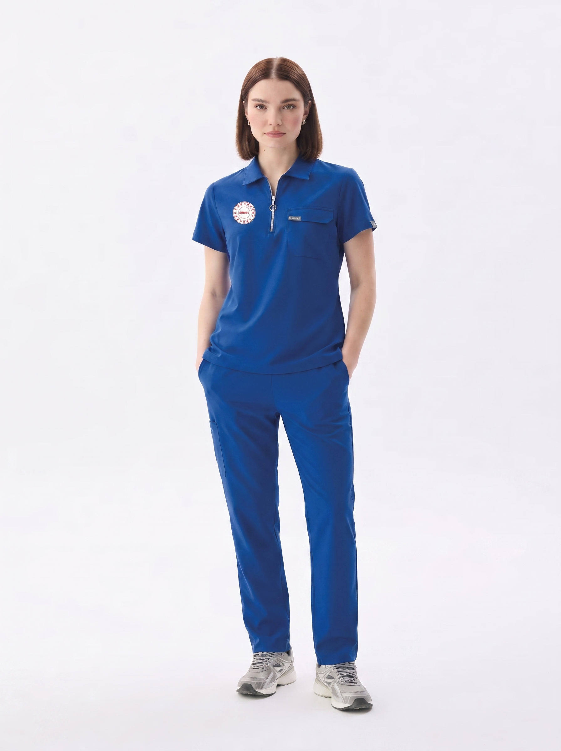 Armalı Kadın Polo Saks Mavisi Temizlik Personeli Likralı Scrubs Takım (Yeni Yönetmeliğe Uygun - Dazzling Blue)