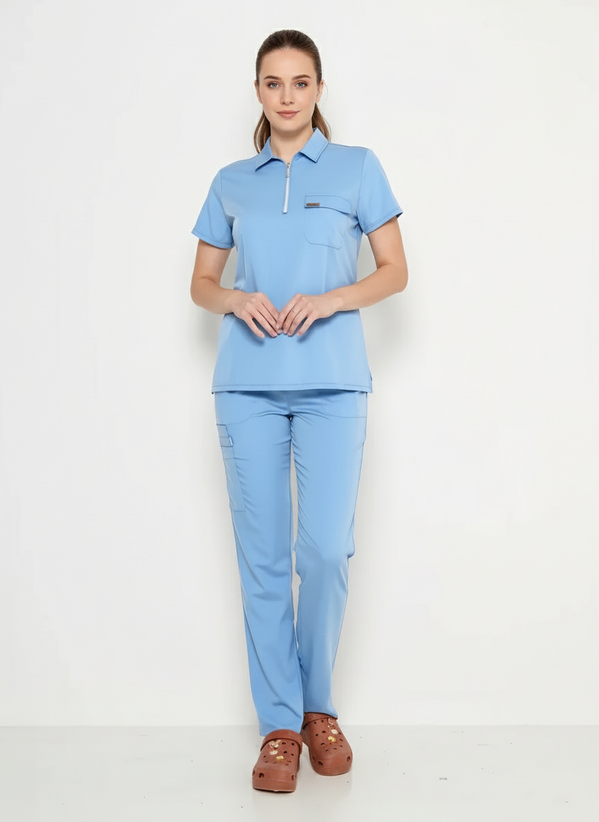 Polo Yaka Bebe Mavisi Kadın Medikal Üniforma Scrubs