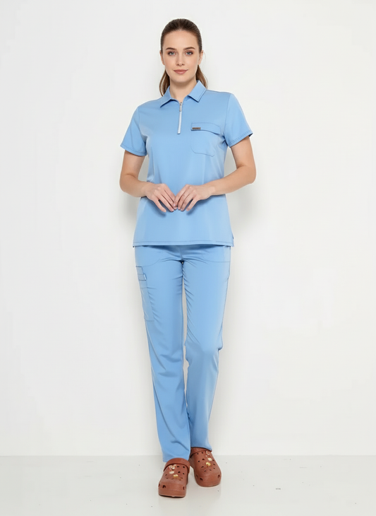 Polo Yaka Bebe Mavisi Kadın Medikal Üniforma Scrubs