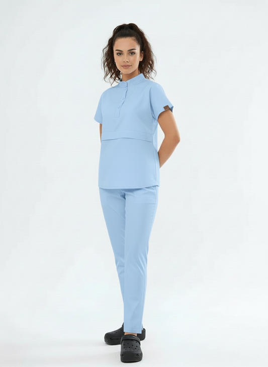 N O V A | Bebe Mavisi Kadın Likralı Hakim Yaka Yarım Pat Çıtçıtlı Hemşire Ve Doktor Forması Scrubs