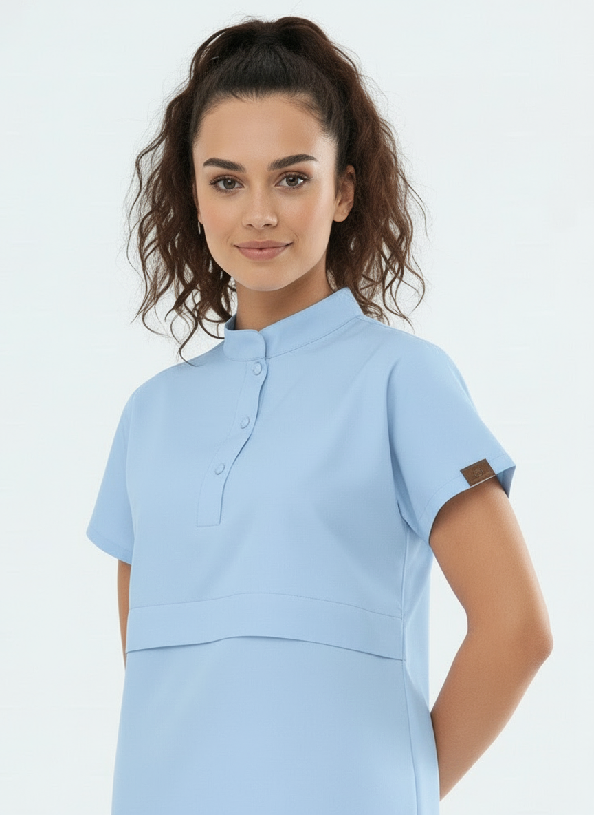 N O V A | Bebe Mavisi Kadın Likralı Hakim Yaka Yarım Pat Çıtçıtlı Hemşire Ve Doktor Forması Scrubs