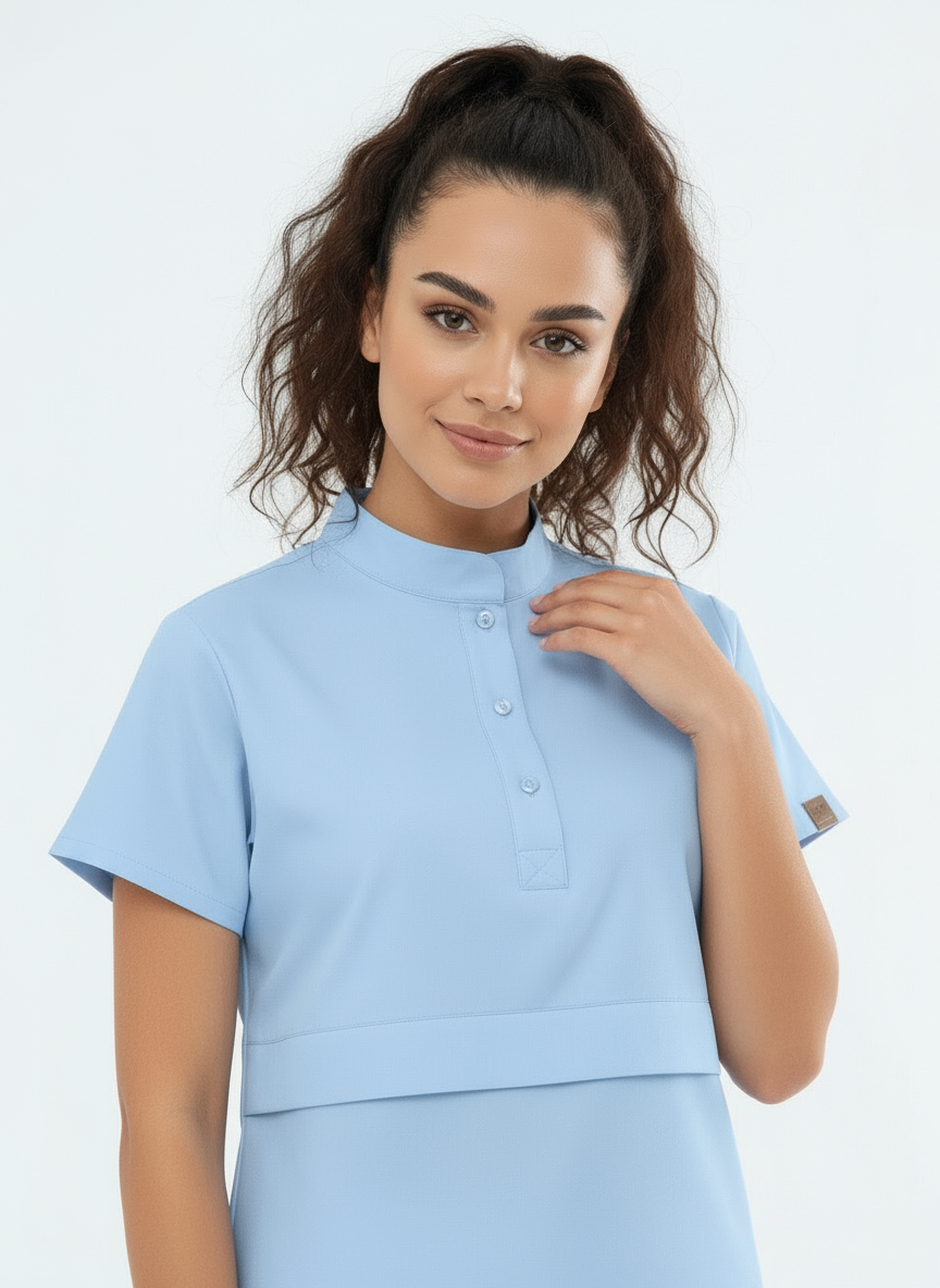 N O V A | Bebe Mavisi Kadın Likralı Hakim Yaka Yarım Pat Çıtçıtlı Hemşire Ve Doktor Forması Scrubs