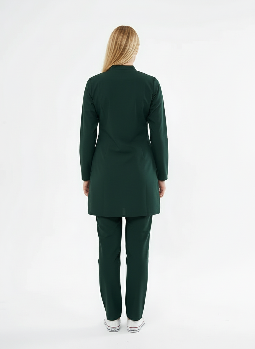 Tesettür - Avcı Yeşili Likralı Hemşire Üniforma Takımı