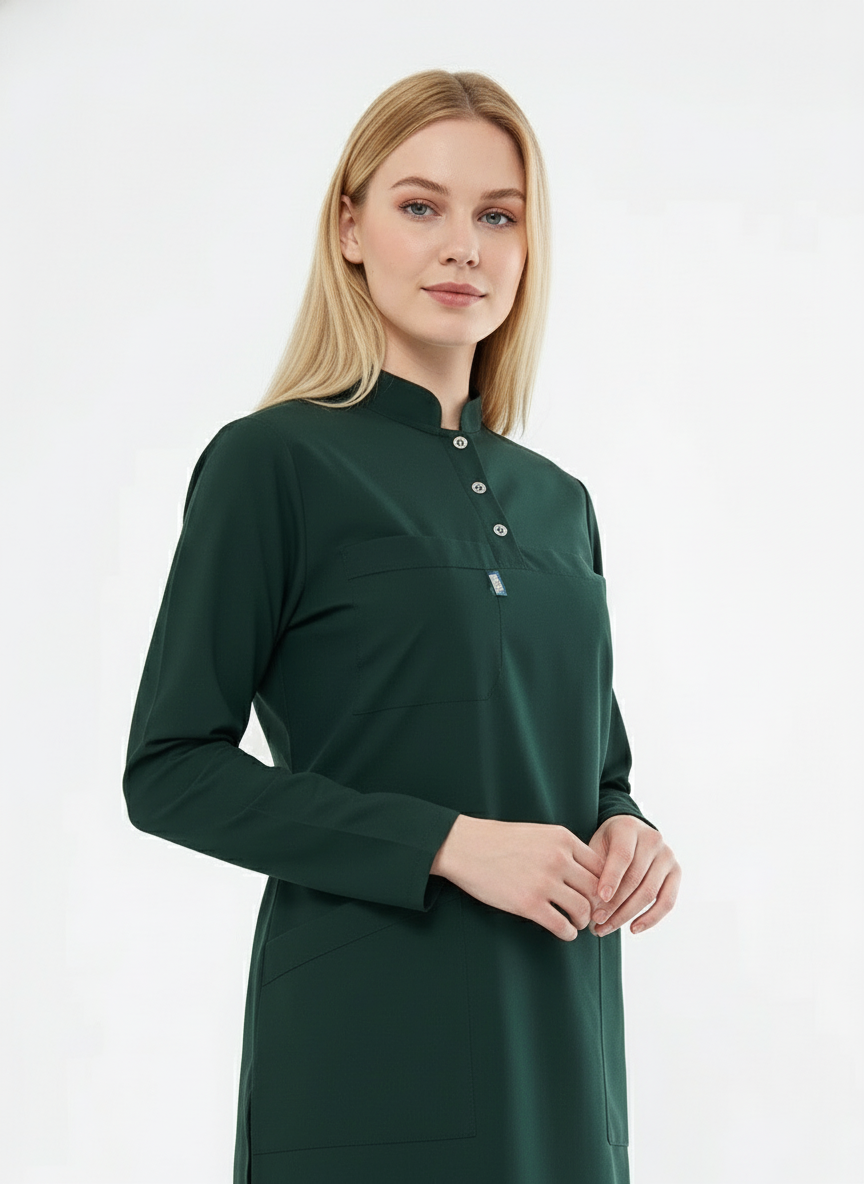 Tesettür - Avcı Yeşili Likralı Hemşire Üniforma Takımı