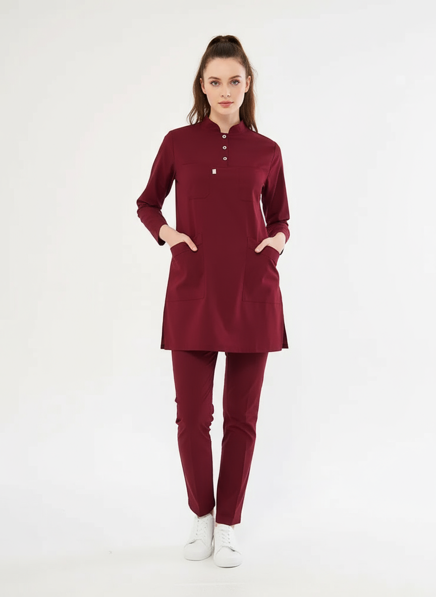 Tesettür - Bordo Likralı Hemşire Üniforma Takımı