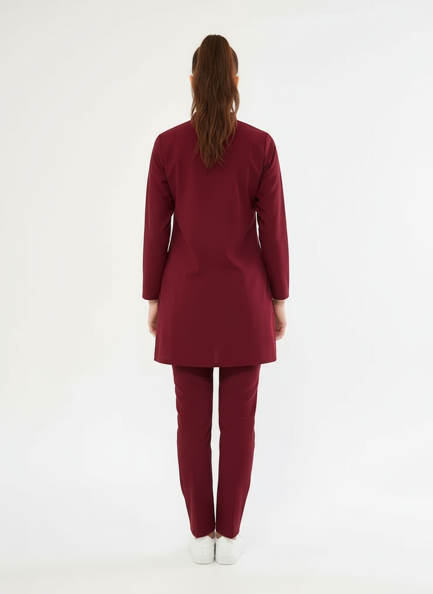 Tesettür - Bordo Likralı Hemşire Üniforma Takımı