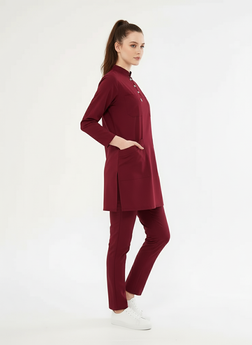 Tesettür - Bordo Likralı Hemşire Üniforma Takımı