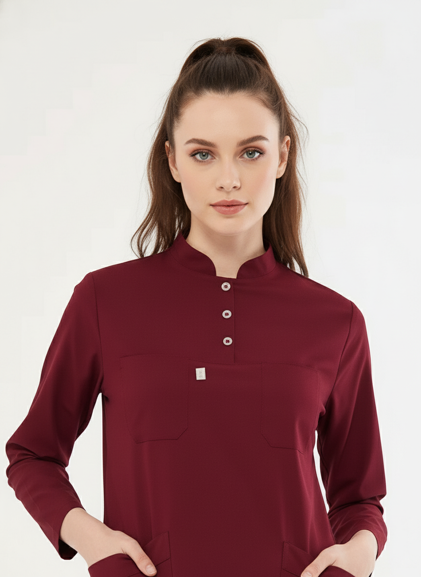 Tesettür - Bordo Likralı Hemşire Üniforma Takımı