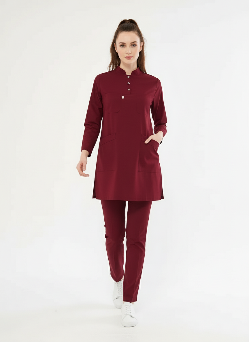 Tesettür - Bordo Likralı Hemşire Üniforma Takımı