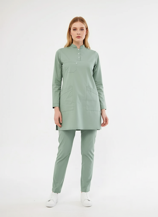 Tesettür - Çağla Yeşili Likralı Hemşire Üniforma Takımı