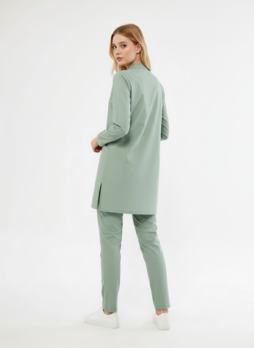 Tesettür - Çağla Yeşili Likralı Hemşire Üniforma Takımı