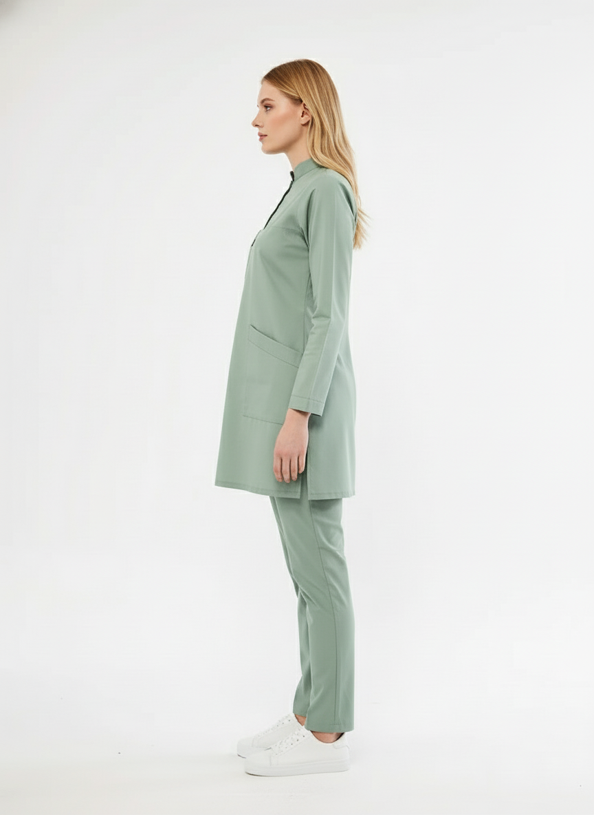 Tesettür - Çağla Yeşili Likralı Hemşire Üniforma Takımı