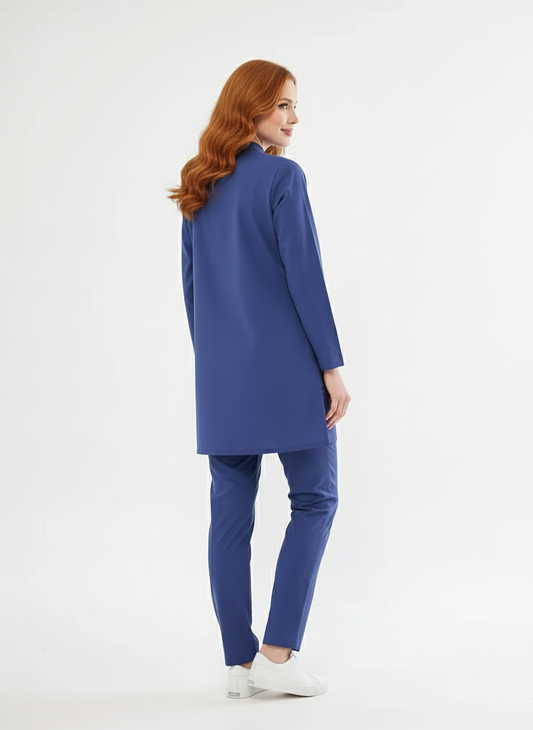 Tesettür - Fırtına Mavi Likralı Hemşire Üniforma Takımı