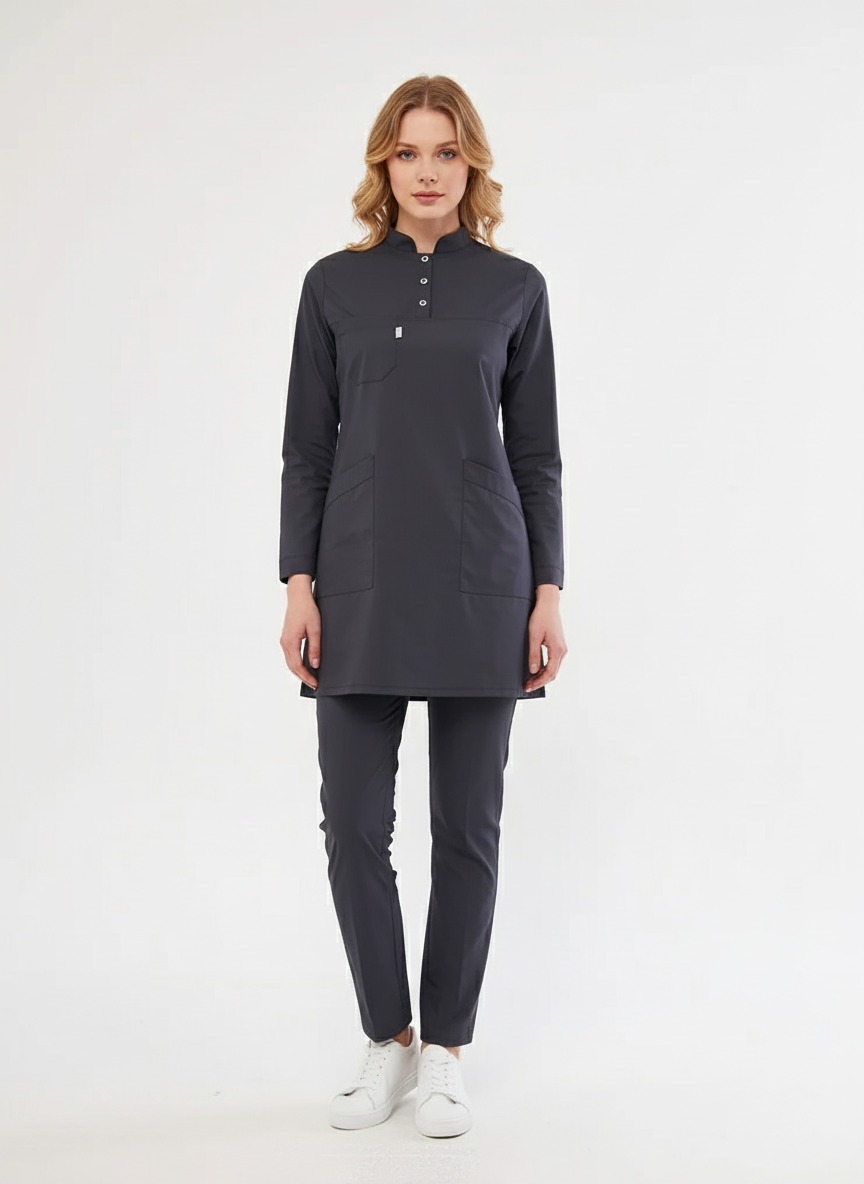 Tesettür - Antrasit Likralı Hemşire Üniforma Takımı