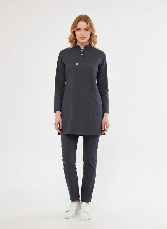 Tesettür - Antrasit Likralı Hemşire Üniforma Takımı