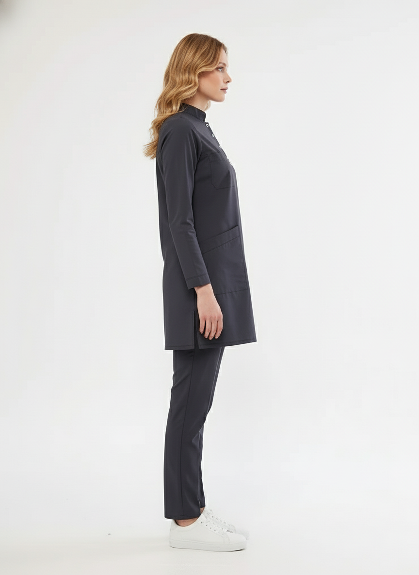 Tesettür - Antrasit Likralı Hemşire Üniforma Takımı