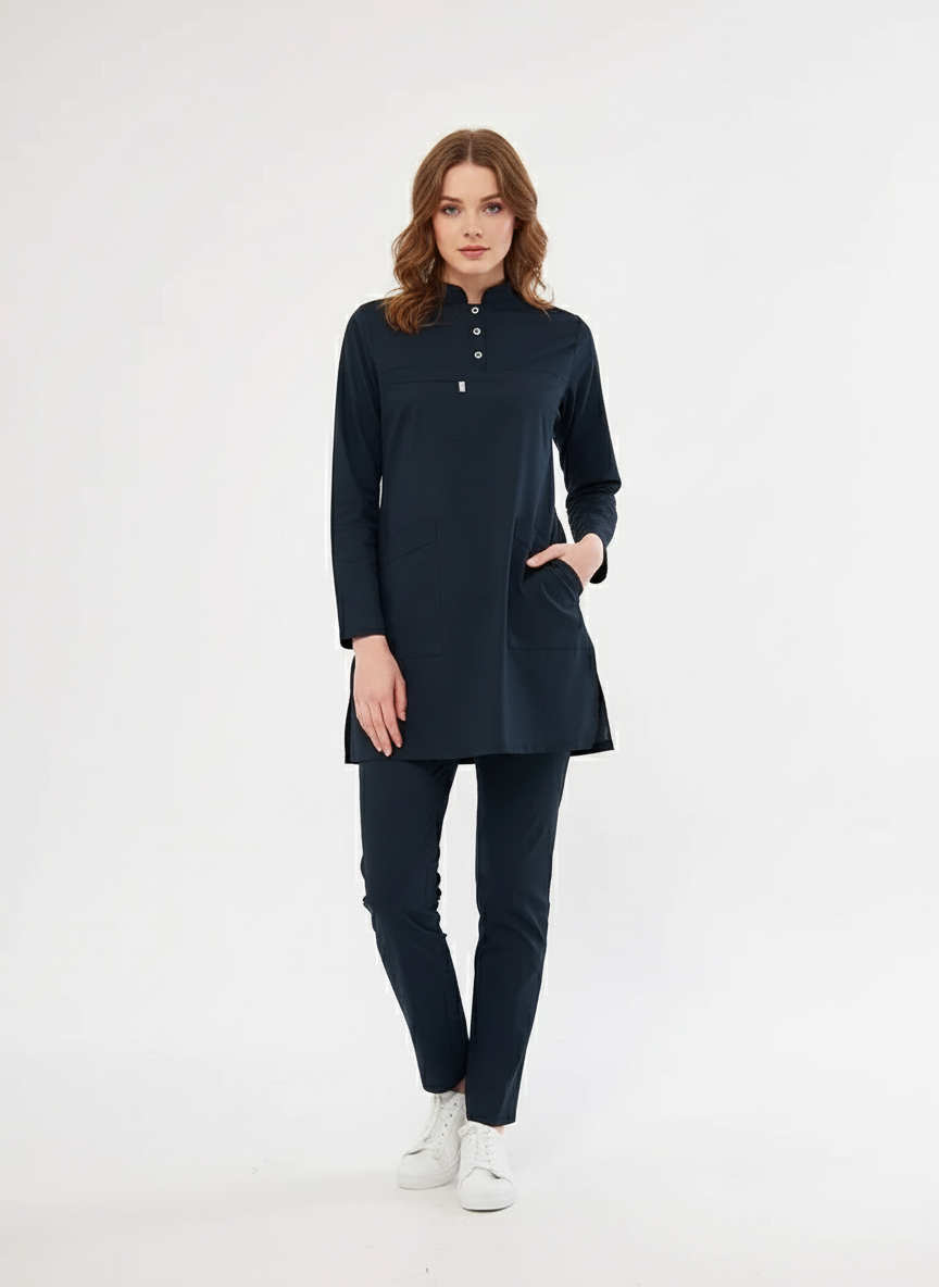 Tesettür - Lacivert Likralı Hemşire Üniforma Takımı