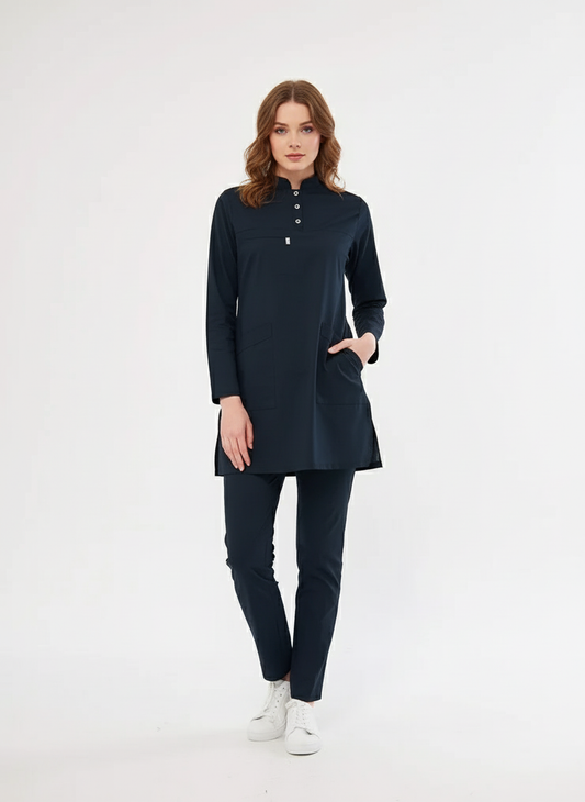 Tesettür - Lacivert Likralı Hemşire Üniforma Takımı