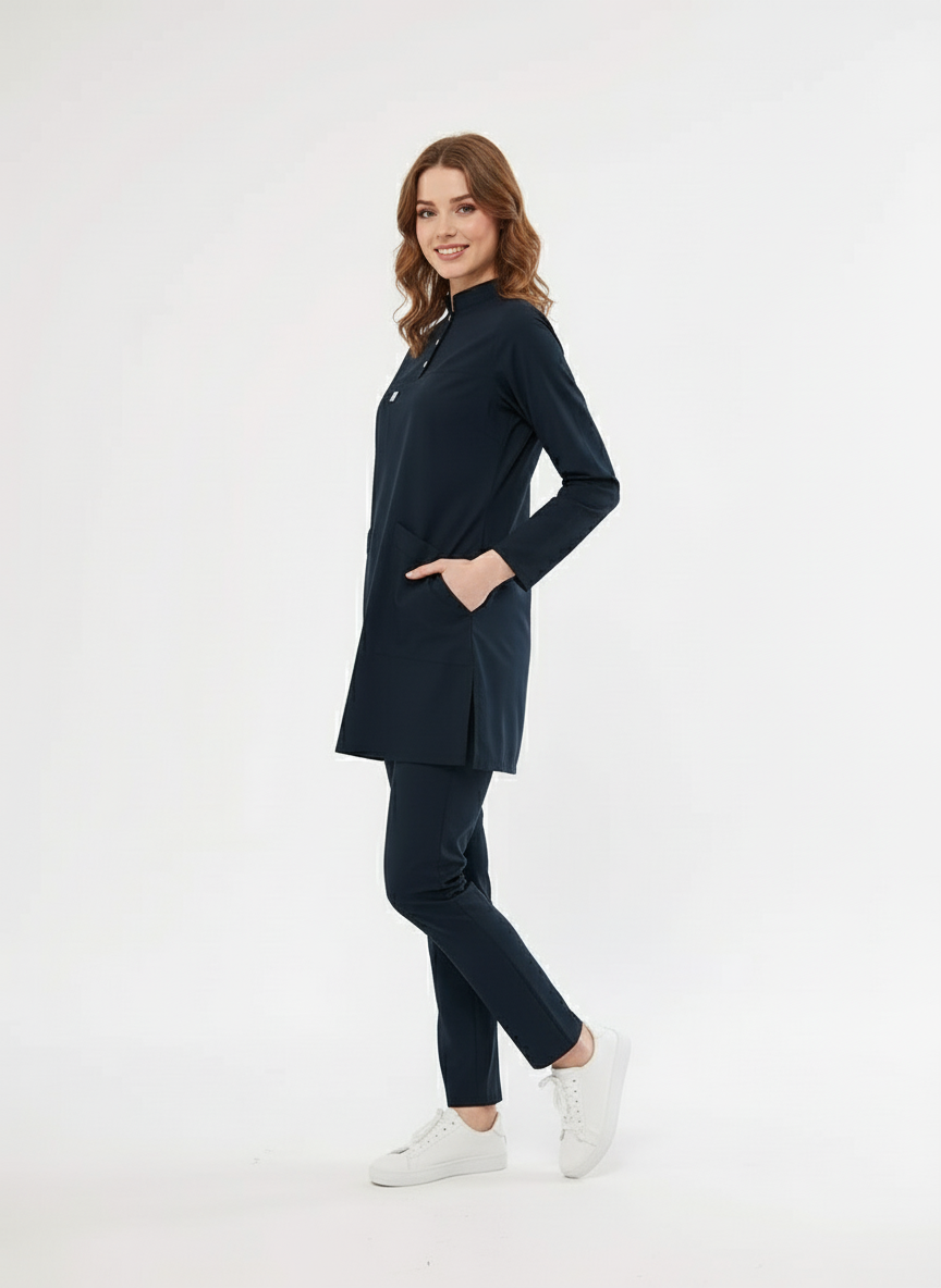 Tesettür - Lacivert Likralı Hemşire Üniforma Takımı