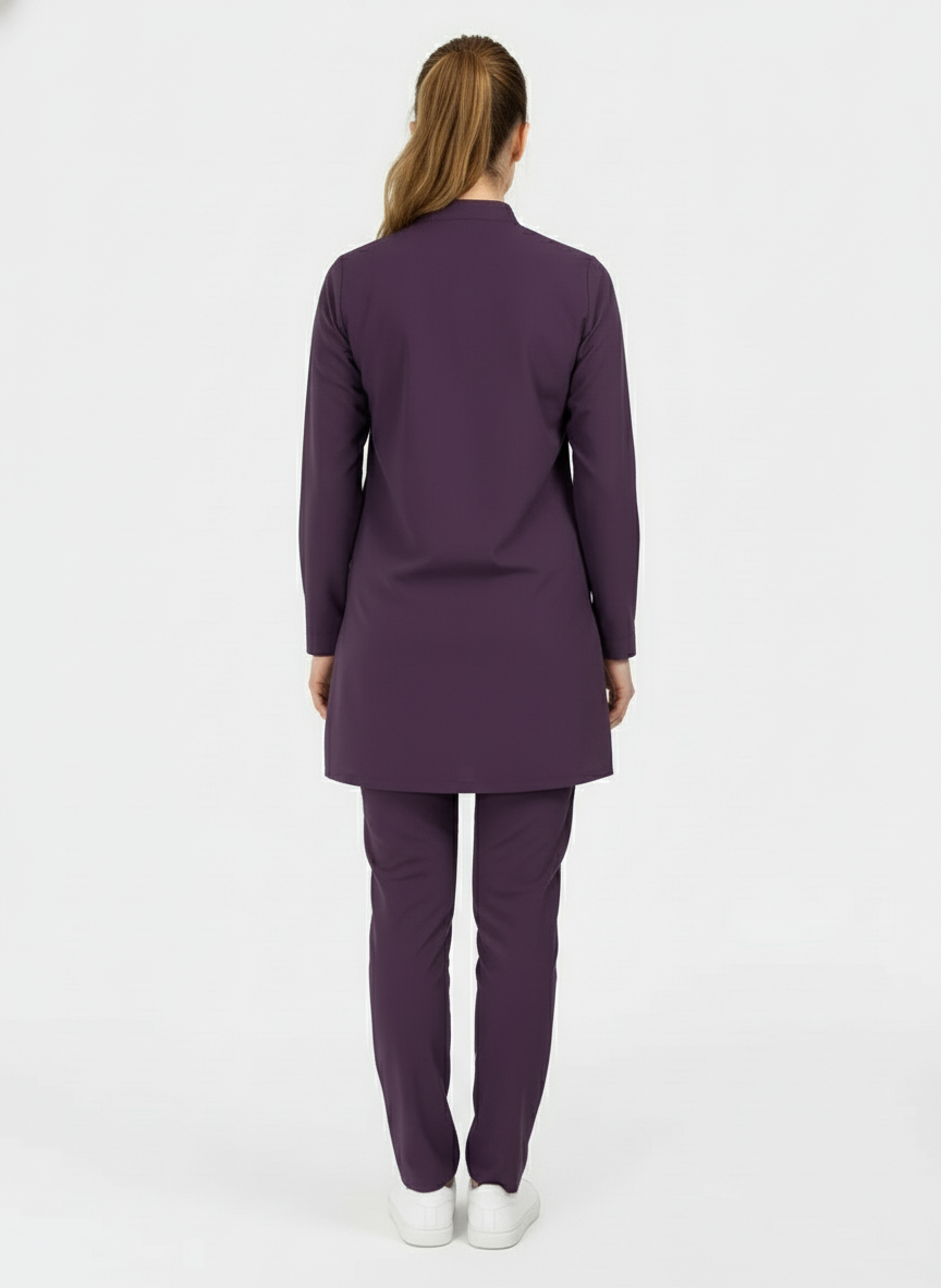 Tesettür - Koyu Mürdüm Likralı Hemşire Üniforma Takımı