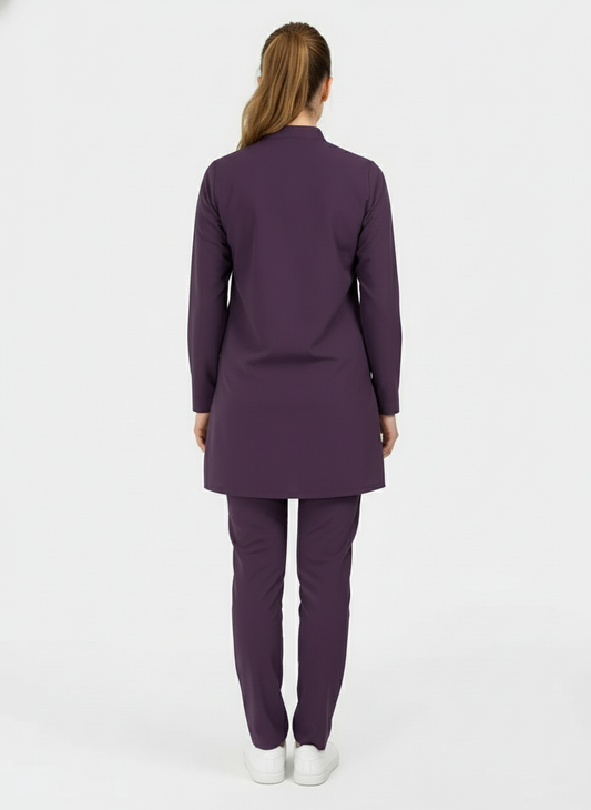 Tesettür - Koyu Mürdüm Likralı Hemşire Üniforma Takımı