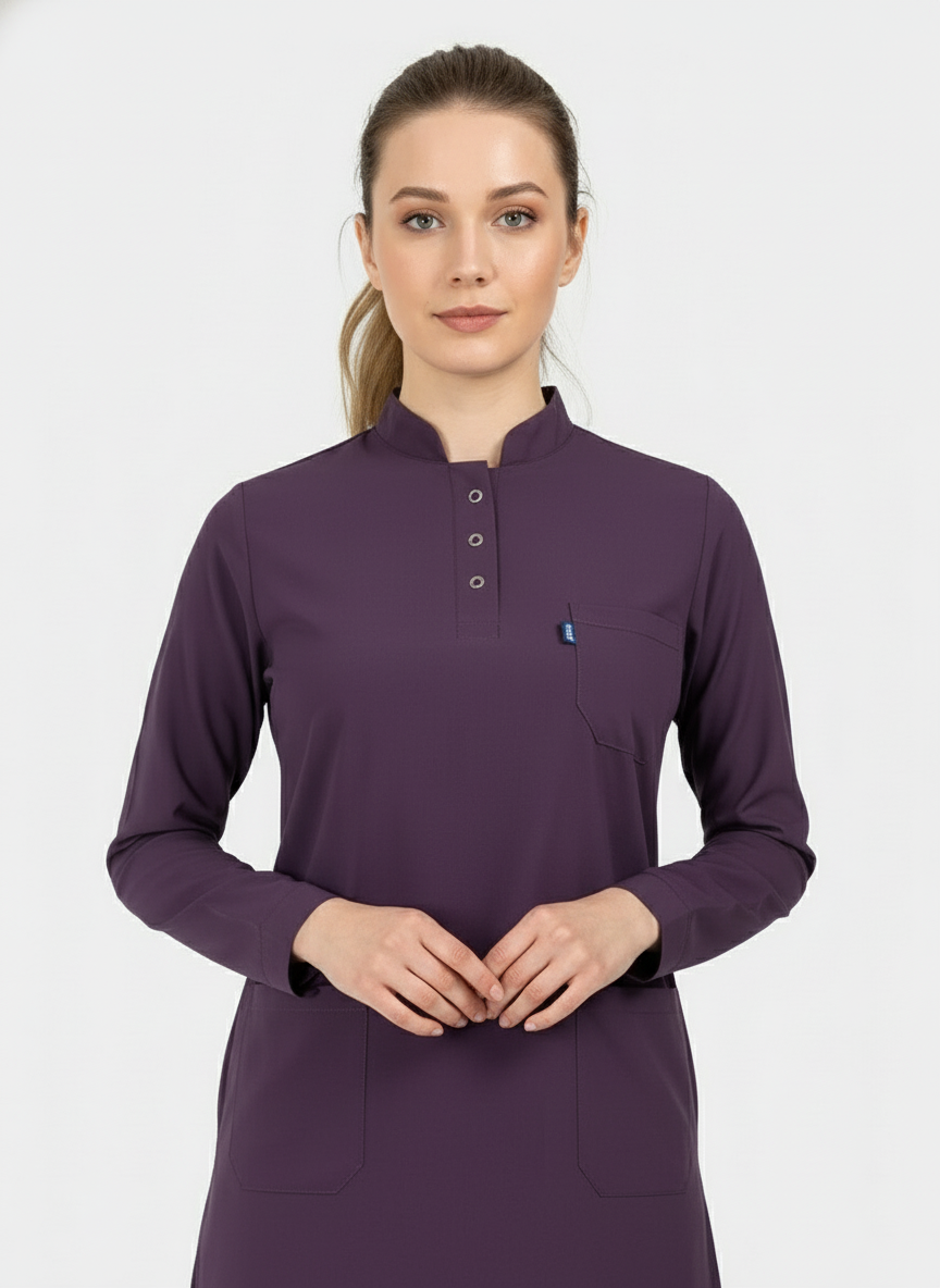 Tesettür - Koyu Mürdüm Likralı Hemşire Üniforma Takımı