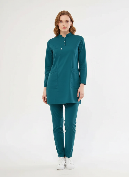 Tesettür - Petrol Yeşili Likralı Hemşire Üniforma Takımı