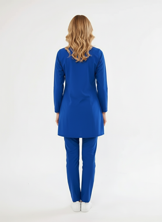 Tesettür - Saks Mavisi Likralı Hemşire Üniforma Takımı