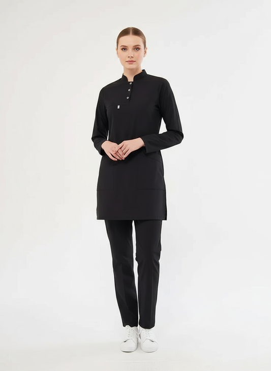Tesettür - Siyah Likralı Hemşire Üniforma Takımı